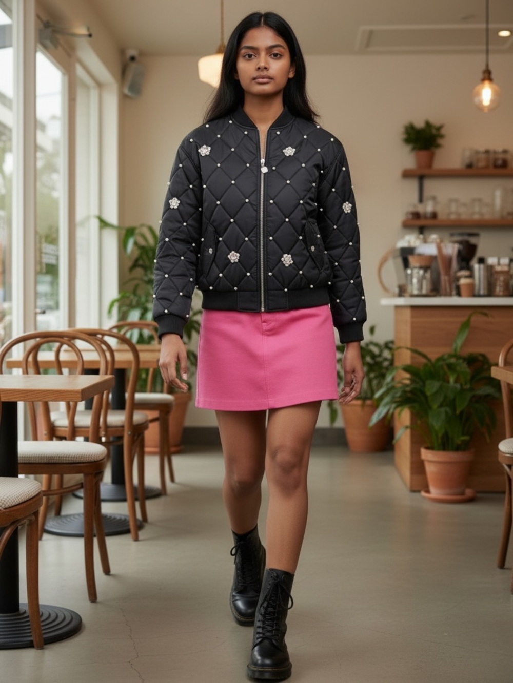 Forever 21 x Hello Kitty 50th anniversary pearl rhinestone quilted bomber jacket